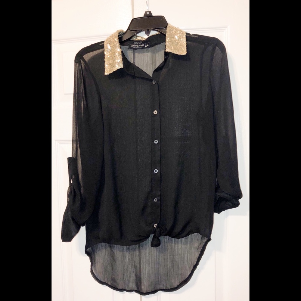 Living Doll Black Sheer top w/ gold sequin collar